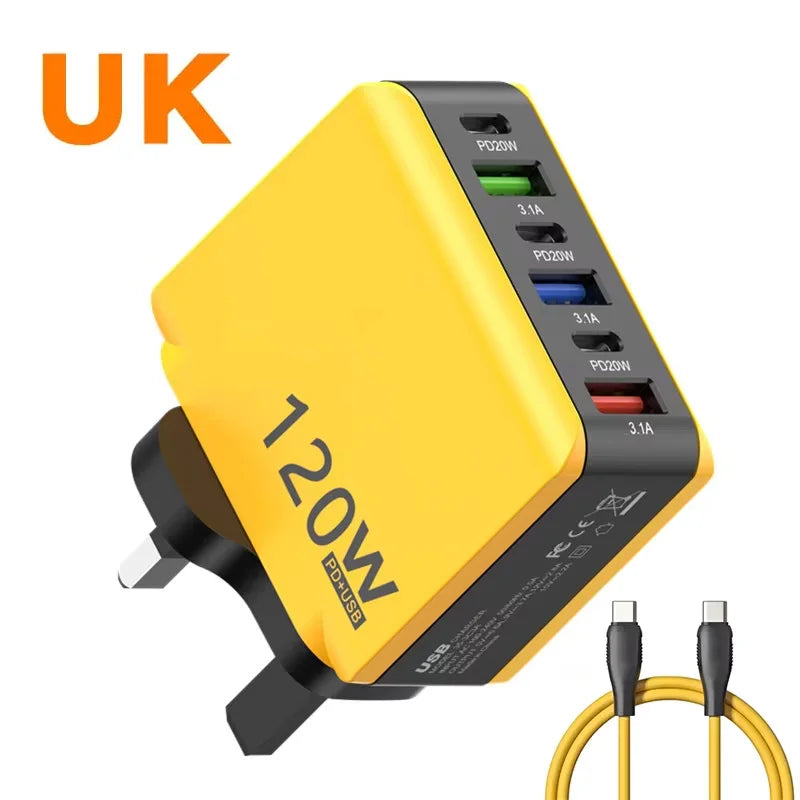 Chargeur Rapide 120W – 6 Ports USB + USB-C, Prises EU/US/UK