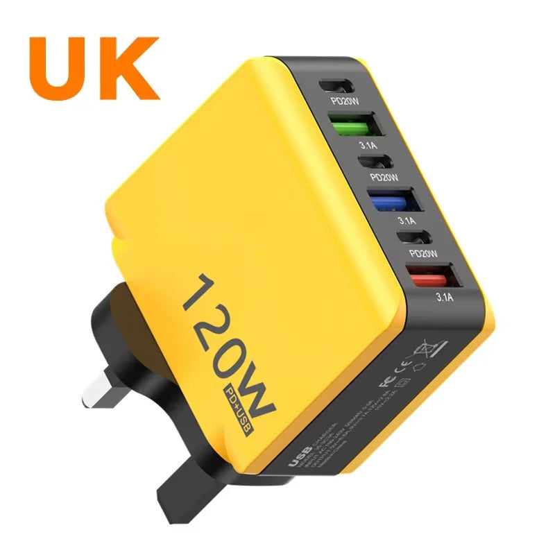 Chargeur Rapide 120W – 6 Ports USB + USB-C, Prises EU/US/UK