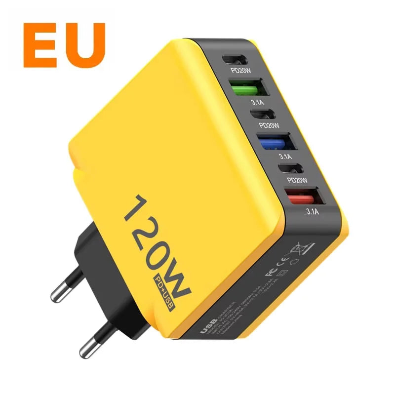 Chargeur Rapide 120W – 6 Ports USB + USB-C, Prises EU/US/UK