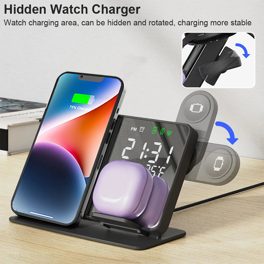 Chargeur Sans Fil 3 en 1 avec Réveil – Station de Charge iPhone & Apple Watch
