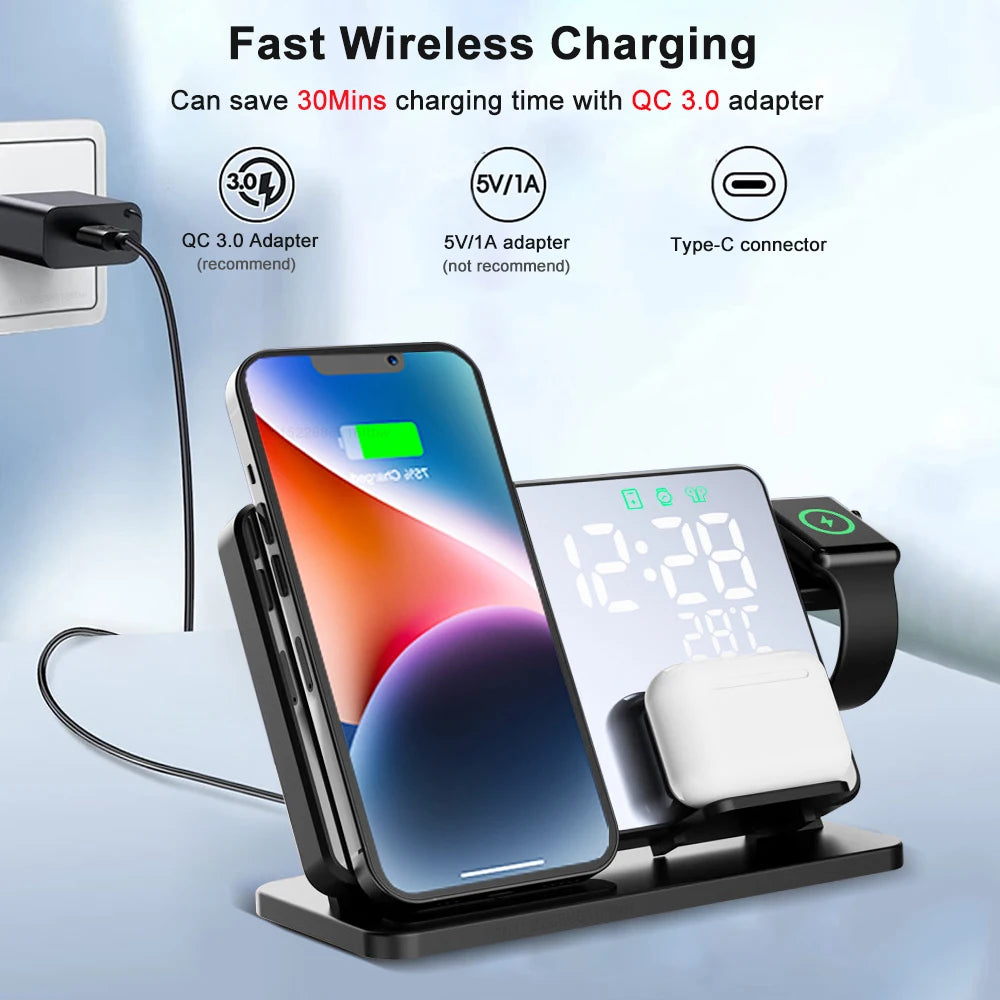 Chargeur Sans Fil 3 en 1 avec Réveil – Station de Charge iPhone & Apple Watch