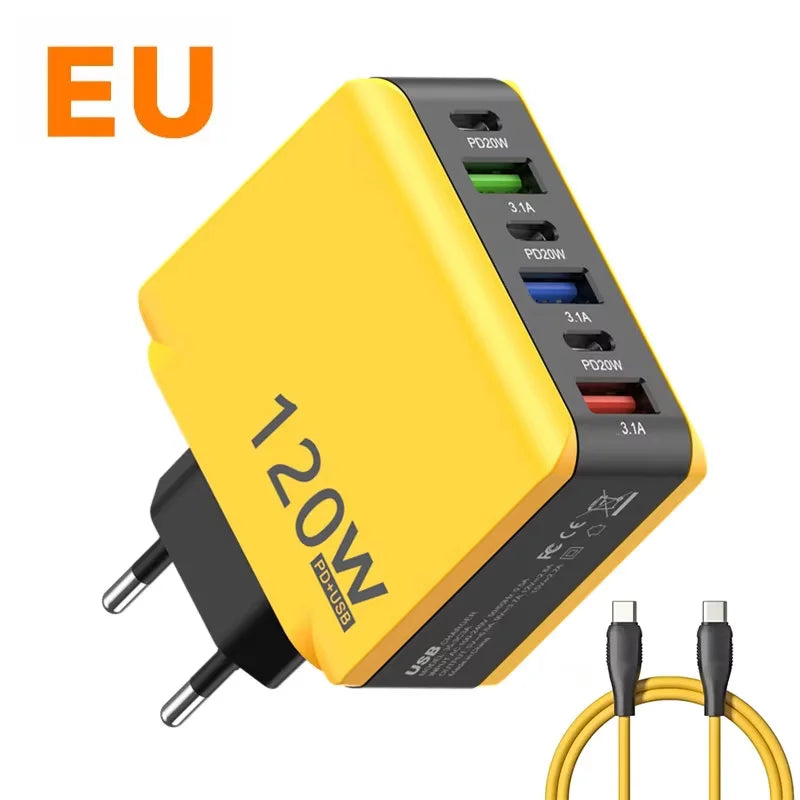Chargeur Rapide 120W – 6 Ports USB + USB-C, Prises EU/US/UK