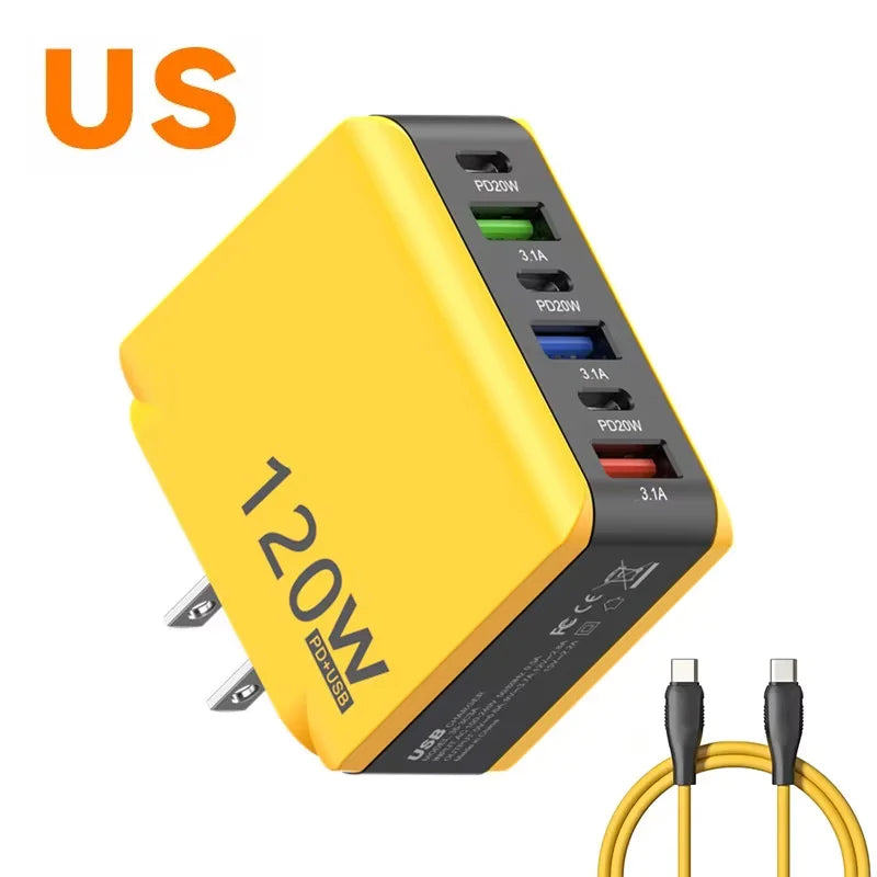 Chargeur Rapide 120W – 6 Ports USB + USB-C, Prises EU/US/UK