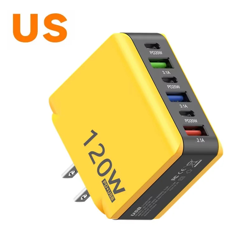 Chargeur Rapide 120W – 6 Ports USB + USB-C, Prises EU/US/UK