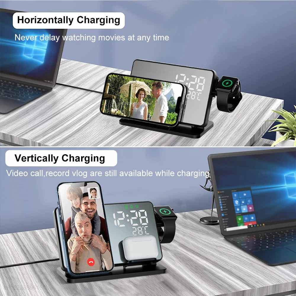 Chargeur Sans Fil 3 en 1 avec Réveil – Station de Charge iPhone & Apple Watch