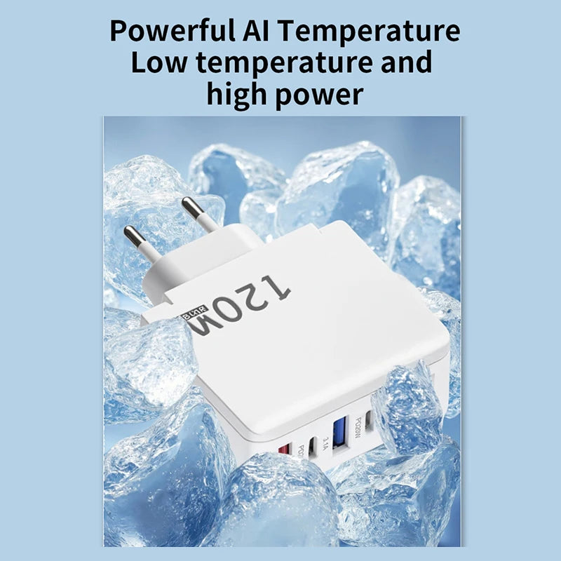 Chargeur Rapide 120W – 6 Ports USB + USB-C, Prises EU/US/UK