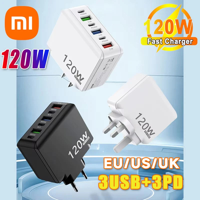 Chargeur Rapide 120W – 6 Ports USB + USB-C, Prises EU/US/UK