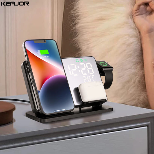 Chargeur Sans Fil 3 en 1 avec Réveil – Station de Charge iPhone & Apple Watch