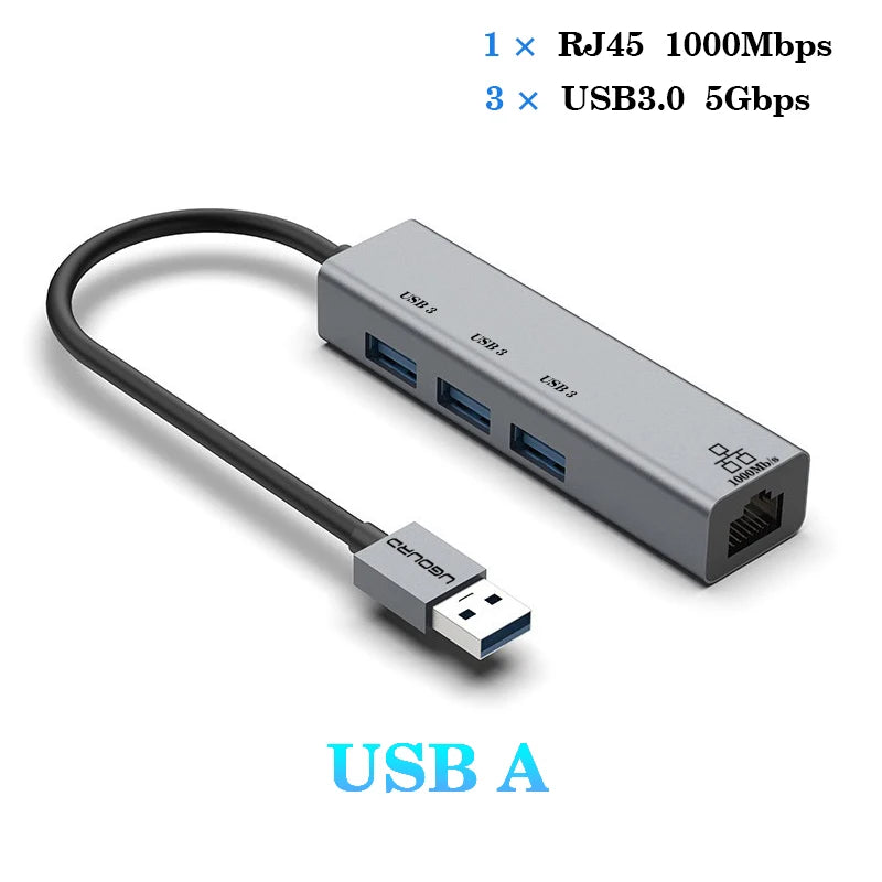 Station d'accueil USB-C vers RJ45 1000Mbps avec HUB USB 3.0 et charge rapide 100W