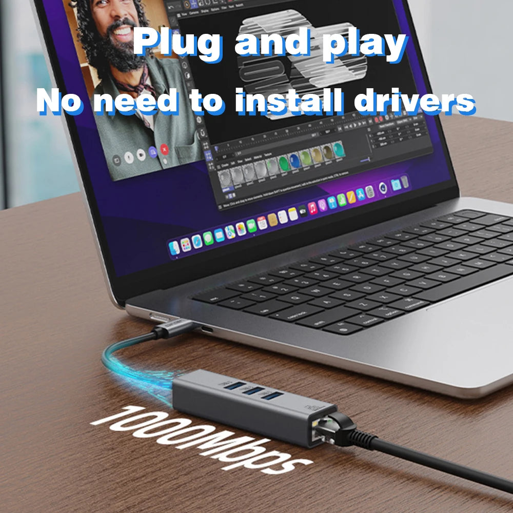 Station d'accueil USB-C vers RJ45 1000Mbps avec HUB USB 3.0 et charge rapide 100W