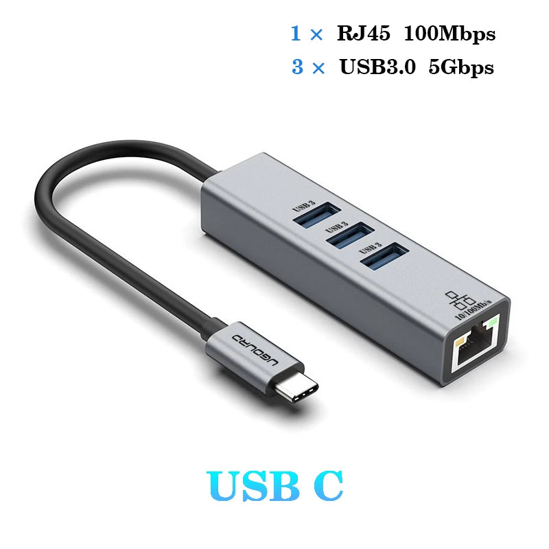 Station d'accueil USB-C vers RJ45 1000Mbps avec HUB USB 3.0 et charge rapide 100W