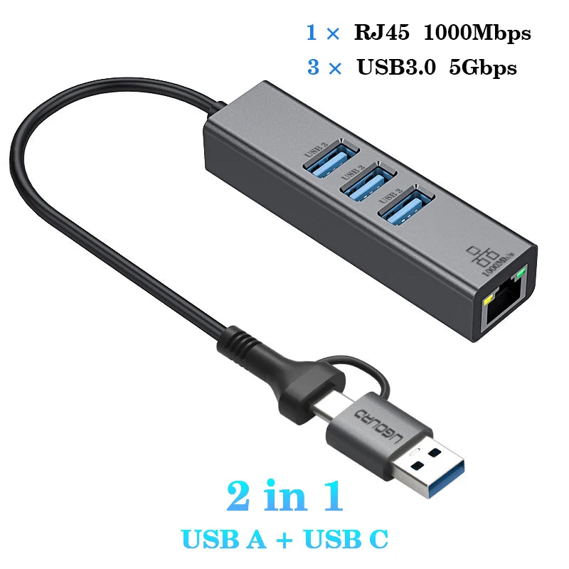 Station d'accueil USB-C vers RJ45 1000Mbps avec HUB USB 3.0 et charge rapide 100W