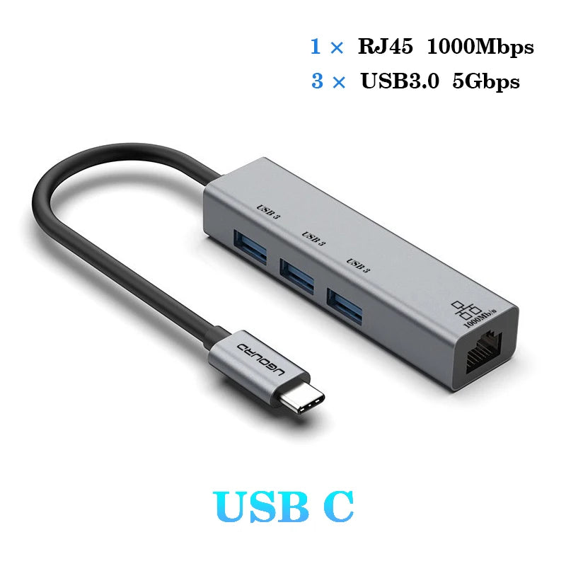 Station d'accueil USB-C vers RJ45 1000Mbps avec HUB USB 3.0 et charge rapide 100W