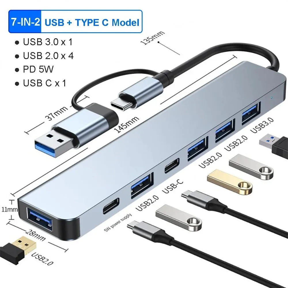 Hub USB 7-en-1 – Ports USB-C, USB 3.0, USB 2.0, Boîtier Aluminium