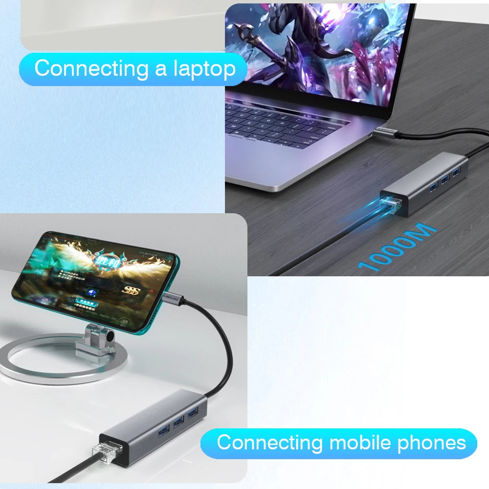 Station d'accueil USB-C vers RJ45 1000Mbps avec HUB USB 3.0 et charge rapide 100W