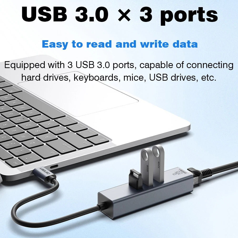Station d'accueil USB-C vers RJ45 1000Mbps avec HUB USB 3.0 et charge rapide 100W